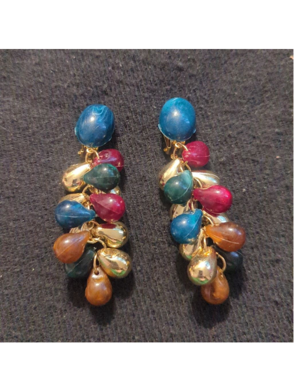 Vintage Gold Tone Multi Color Bauble Clip On Drop Statement Earrings